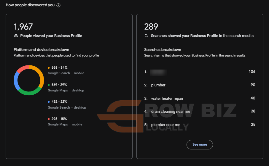 Google Business Profile discovery report: 1,967 views, 289 searches, platform breakdown and top search terms with one branded term blurred
