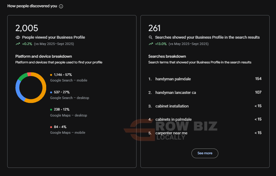 Google Business Profile discovery report: 2,005 profile views, 261 searches, platform breakdown and top search terms