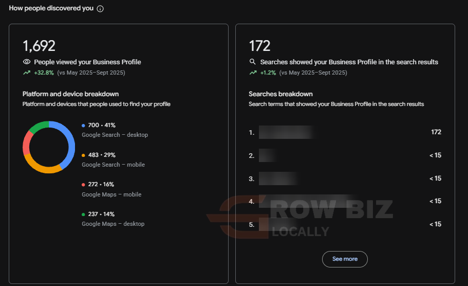 Google Business Profile discovery report: 1,692 views, 172 searches, platform breakdown, branded search terms blurred