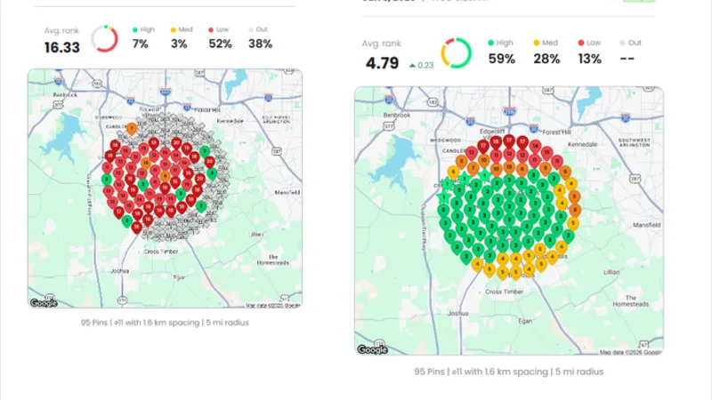Before and after geo-grid for a Fort Worth fence contractor searching fence rental: average rank 16.33 improved to 4.79