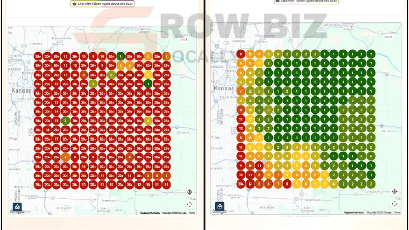 Before and after local ranking scan for a LASIK clinic in Kansas City: mostly red 20+ positions turning to green top-three positions